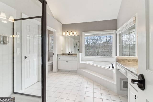 bathroom featuring toilet, a garden tub, vaulted ceiling, vanity, and a shower stall