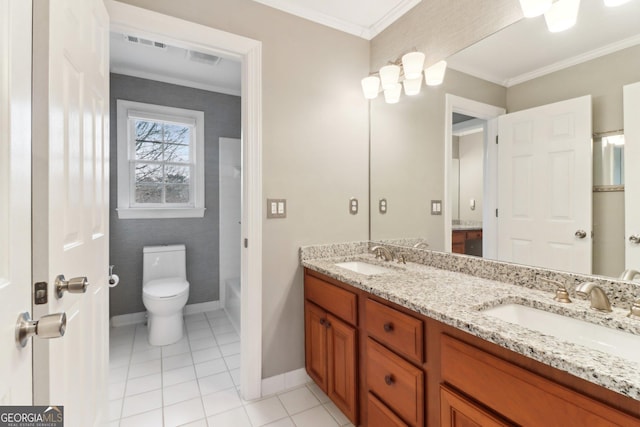 full bath with crown molding, visible vents, a sink, and tile patterned floors