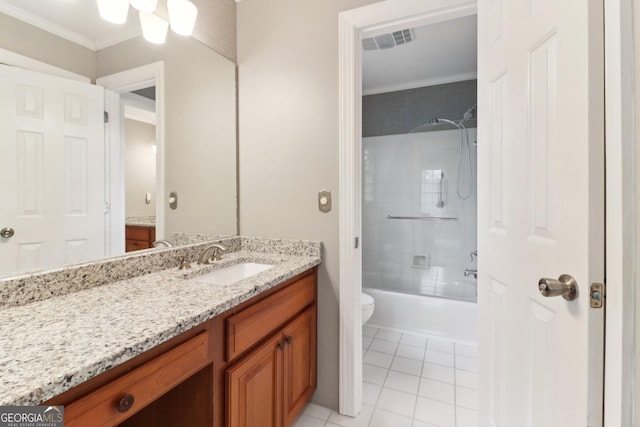 full bath featuring crown molding, bathtub / shower combination, visible vents, vanity, and tile patterned floors