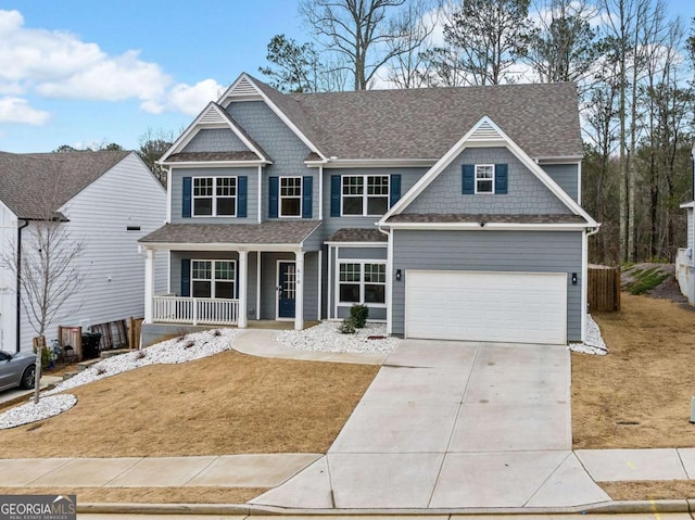 view of front of house with concrete driveway, a porch, a shingled roof, and a front yard