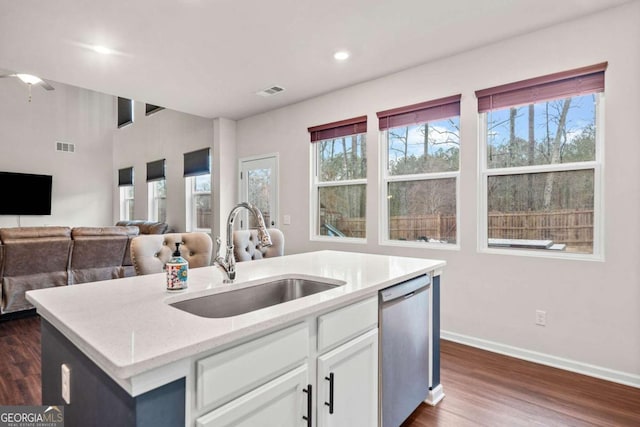 kitchen featuring dark wood-type flooring, white cabinetry, a sink, and dishwasher