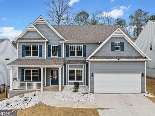 view of front of house with a shingled roof, covered porch, an attached garage, and concrete driveway