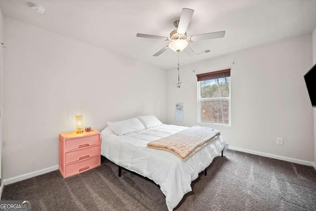 bedroom featuring visible vents, dark carpet, and baseboards