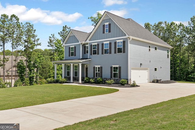 view of front of house with board and batten siding, concrete driveway, a shingled roof, and an attached garage