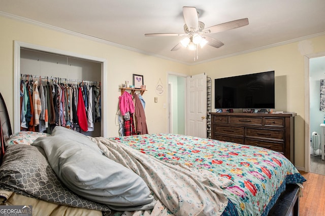 bedroom with ceiling fan, wood finished floors, a closet, and ornamental molding