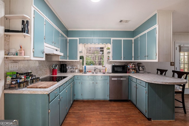 kitchen with open shelves, a peninsula, a sink, black appliances, and under cabinet range hood