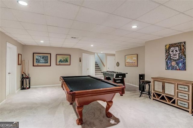 rec room featuring billiards, carpet flooring, recessed lighting, and baseboards