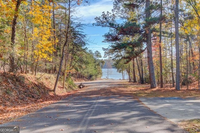 view of road featuring a view of trees and a water view