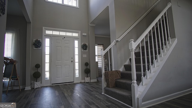 foyer entrance featuring baseboards, dark wood finished floors, and a wealth of natural light