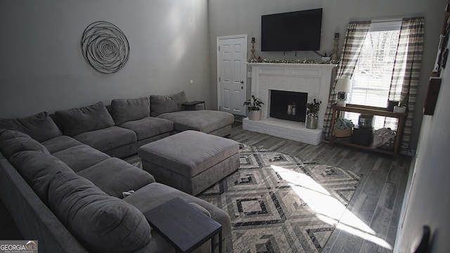 living area with a fireplace and wood finished floors