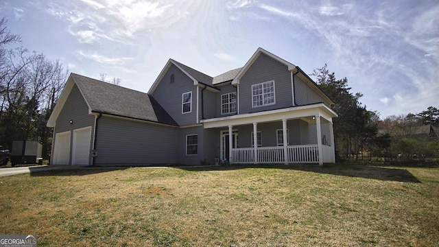 traditional-style home featuring a porch, an attached garage, a shingled roof, and a front lawn