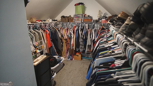 spacious closet with lofted ceiling and carpet flooring