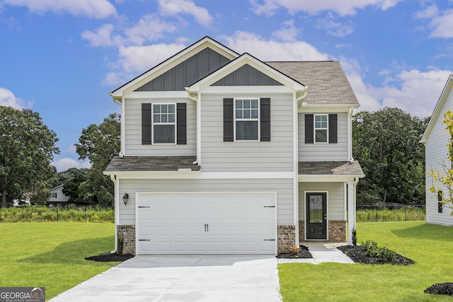 craftsman-style home featuring a front yard, board and batten siding, and brick siding