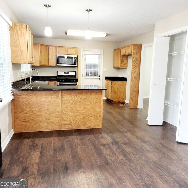 kitchen featuring dark wood-style floors, a peninsula, a sink, stainless steel appliances, and dark countertops