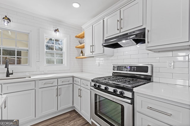 kitchen featuring stainless steel range with gas stovetop, backsplash, light countertops, under cabinet range hood, and a sink