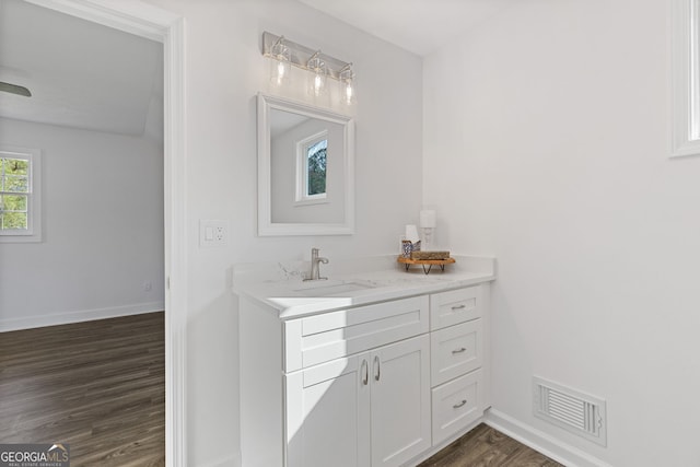 bathroom featuring vanity, wood finished floors, visible vents, and baseboards