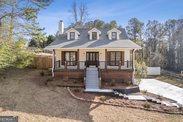 view of front of home with covered porch, fence, french doors, and roof with shingles