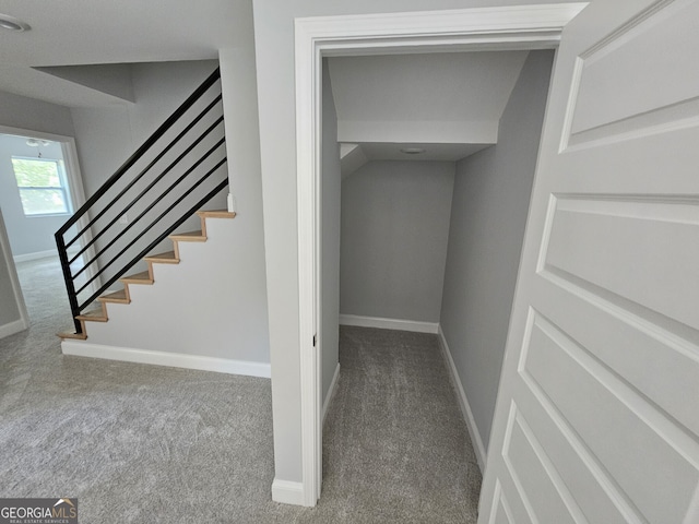 staircase with carpet flooring and baseboards