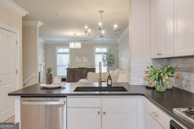 kitchen with crown molding, dishwasher, a peninsula, white cabinets, and a sink