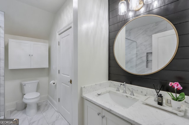 full bathroom featuring baseboards, toilet, marble finish floor, and vanity