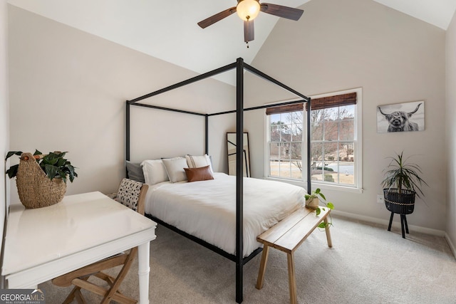 bedroom featuring carpet flooring, ceiling fan, high vaulted ceiling, and baseboards