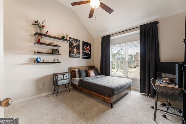 bedroom with baseboards, light carpet, lofted ceiling, and a ceiling fan