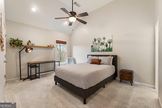 bedroom featuring visible vents, baseboards, high vaulted ceiling, and carpet flooring