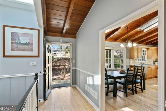 doorway featuring a wainscoted wall, wooden ceiling, a sink, and an inviting chandelier