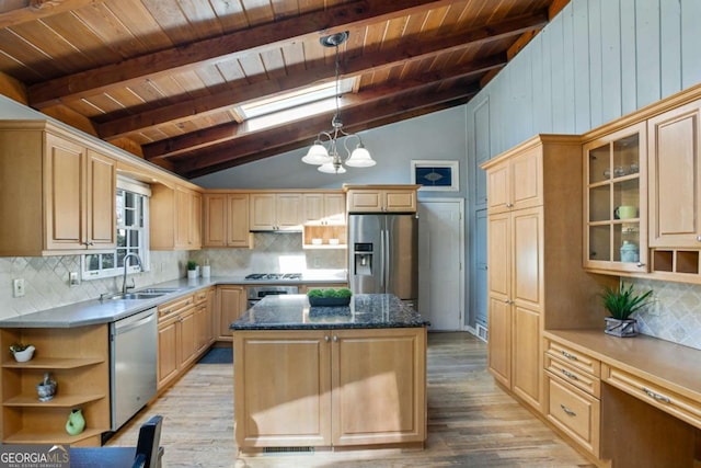 kitchen with lofted ceiling with beams, light wood-style flooring, a sink, appliances with stainless steel finishes, and a center island