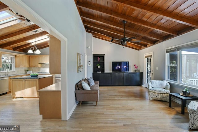 living room with light wood-type flooring, vaulted ceiling with skylight, wood ceiling, and ceiling fan with notable chandelier