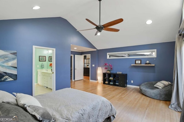 bedroom featuring high vaulted ceiling, recessed lighting, wood finished floors, and baseboards