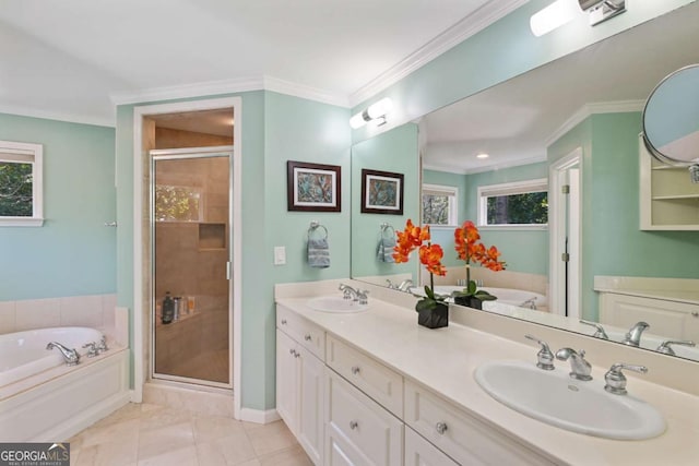 full bathroom featuring a garden tub, a sink, and crown molding