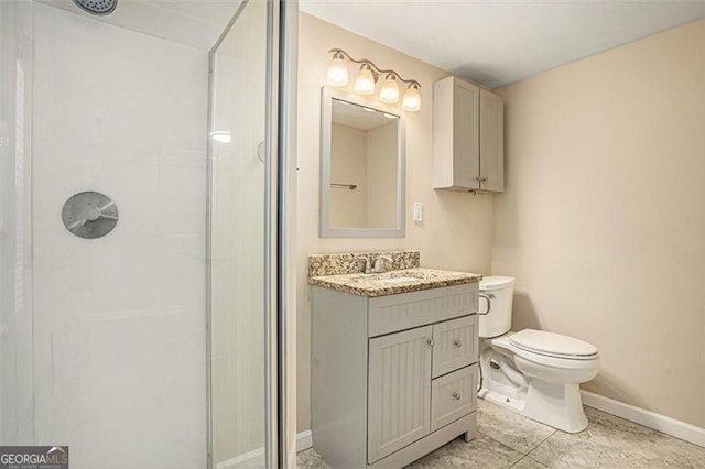 full bathroom with toilet, baseboards, walk in shower, and vanity