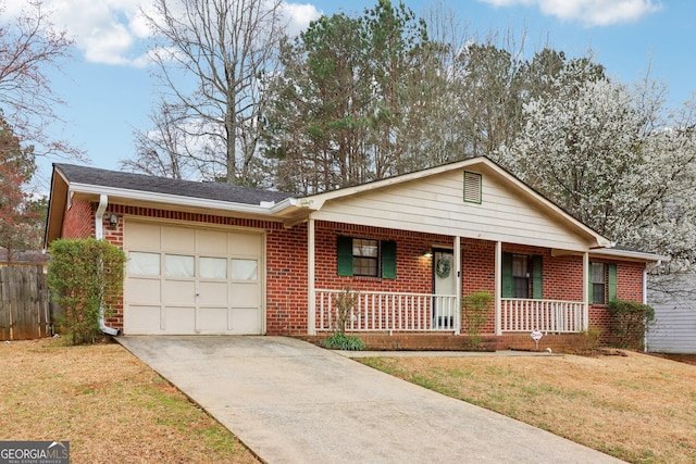 ranch-style house featuring a garage, covered porch, driveway, and brick siding