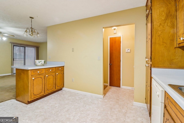 kitchen featuring light countertops, brown cabinetry, white dishwasher, a peninsula, and baseboards