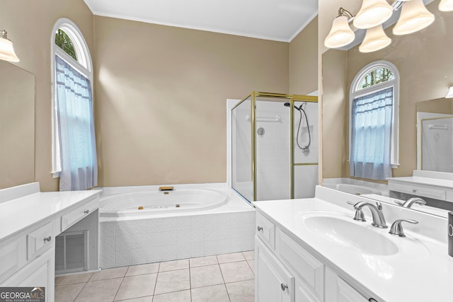 full bathroom with a garden tub, ornamental molding, a stall shower, vanity, and tile patterned floors