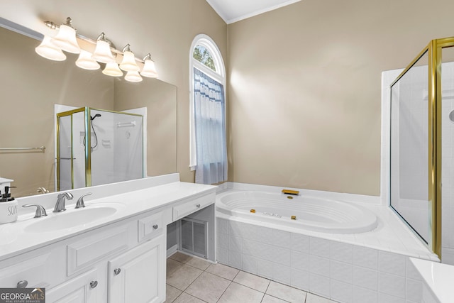 bathroom featuring a garden tub, tile patterned flooring, vanity, and a shower stall