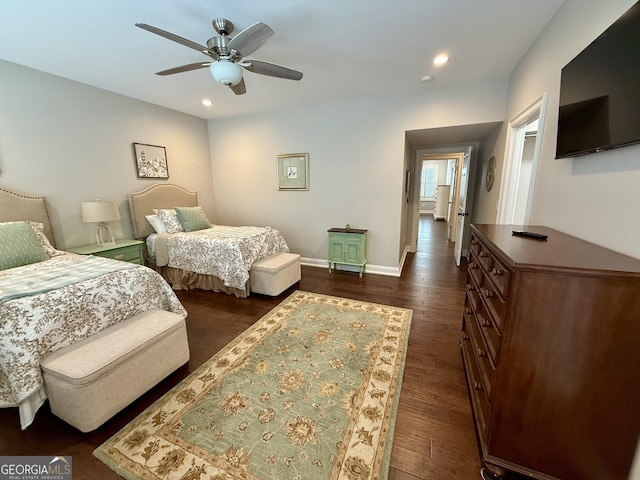 bedroom with a ceiling fan, baseboards, dark wood-type flooring, and recessed lighting