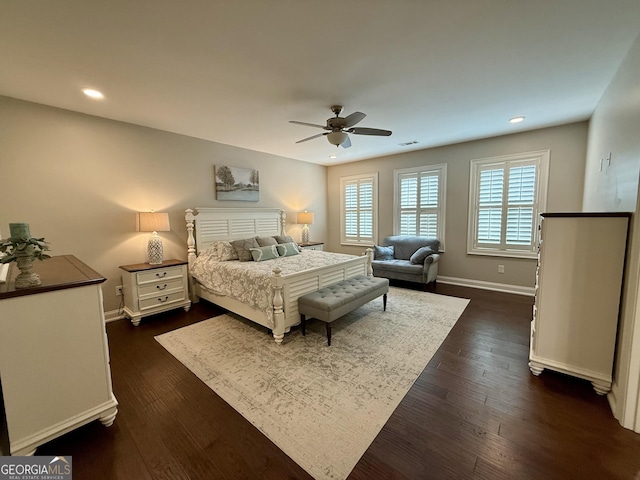 bedroom with dark wood-style flooring, recessed lighting, visible vents, ceiling fan, and baseboards