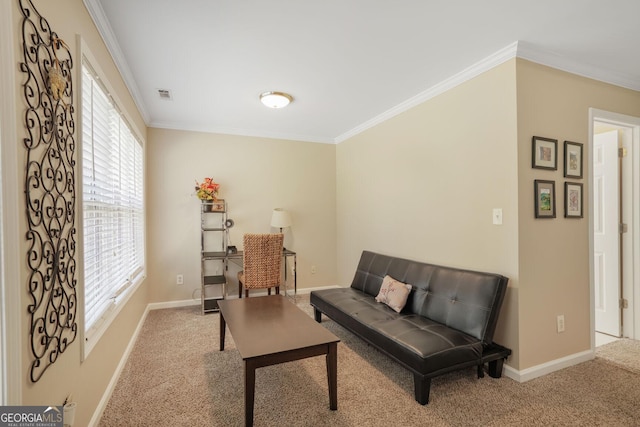 carpeted living room featuring baseboards, visible vents, and crown molding