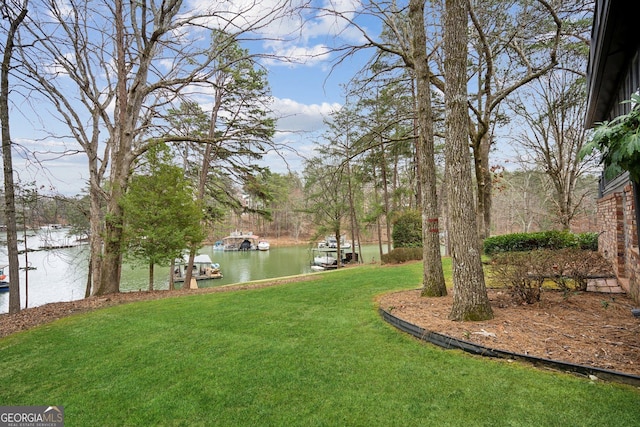 view of yard featuring a dock and a water view