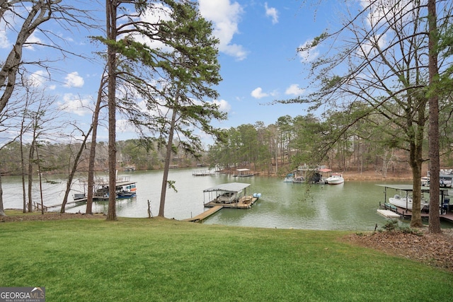 view of dock featuring a yard and a water view