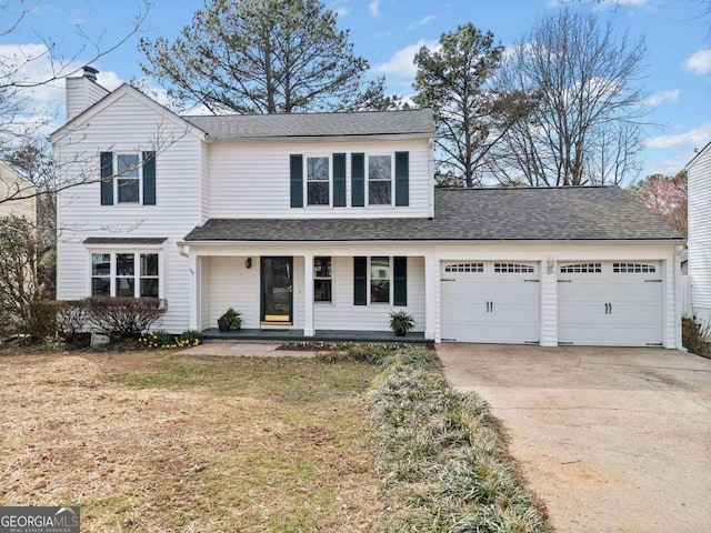 traditional-style house with concrete driveway, a chimney, an attached garage, covered porch, and a front yard