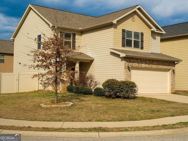 view of front facade with an attached garage, brick siding, fence, concrete driveway, and a front lawn