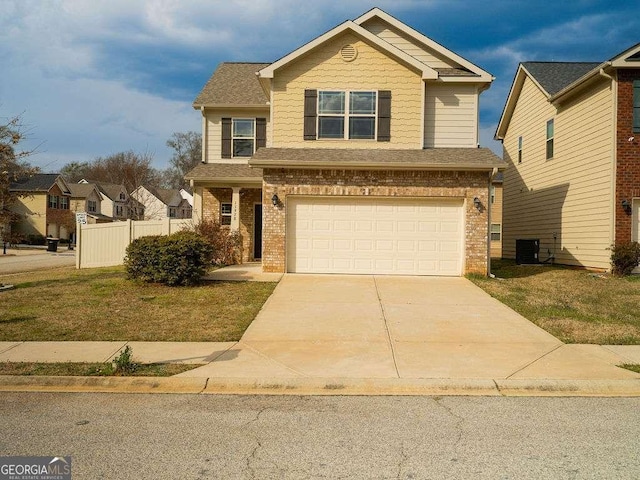 view of front of property featuring concrete driveway, an attached garage, fence, cooling unit, and brick siding