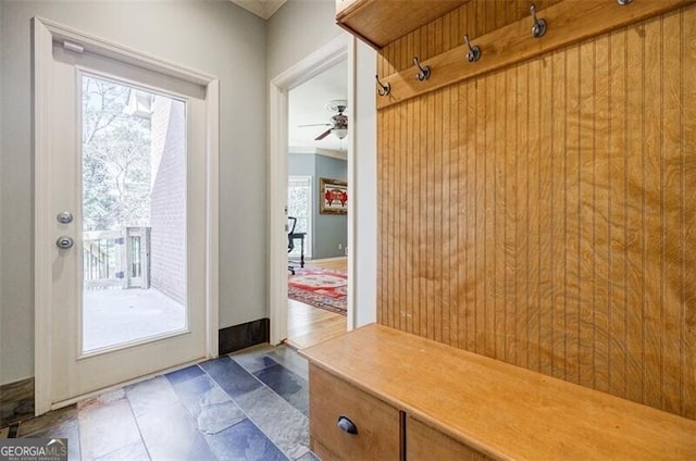 mudroom featuring a ceiling fan