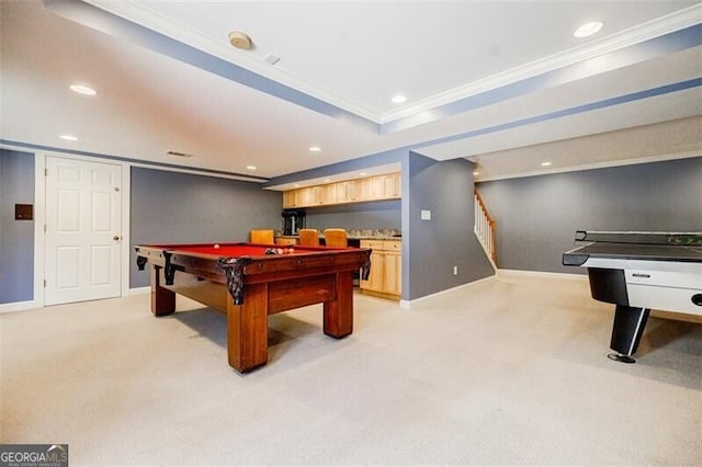 recreation room featuring billiards, baseboards, recessed lighting, crown molding, and light colored carpet