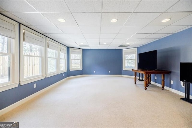 living room with recessed lighting, baseboards, a paneled ceiling, and carpet