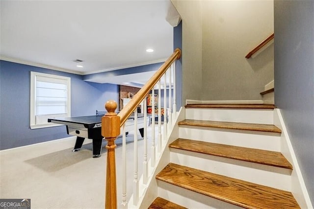 stairway with recessed lighting, baseboards, carpet, and ornamental molding