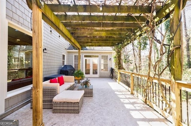 view of patio featuring outdoor lounge area, area for grilling, french doors, and a pergola